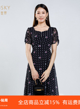 umisky优美世界女装正品夏季复古印花波点收腰a字连衣裙SI2D1025