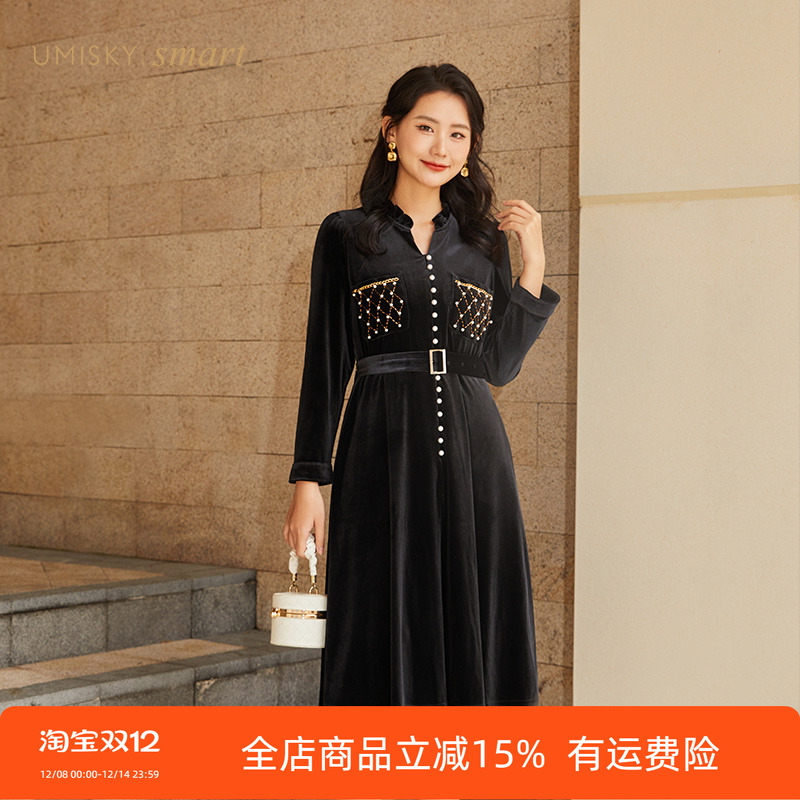 优美世界优雅丝绒连衣裙