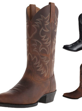 复古长筒高跟靴男时尚西部牛仔靴