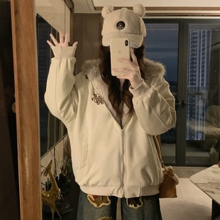 棉服外套女款冬季小个子派克服冬季显瘦猫爪耳朵加绒加厚连帽棉袄