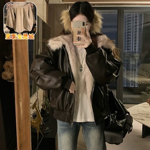 皮衣外套女小个子加绒冬季显瘦修身酷飒风短款机车夹克毛领大衣