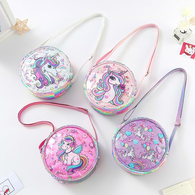 Cute Round Shape Shoulder Bags Unicorn Colorful Sequined Pur