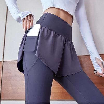 Pocket fitness running high waist yoga pants fake two pieces