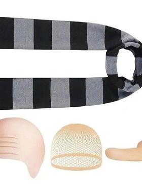 R7UD Bald Hat Set for Man Adults Black Gray Striped Scarf