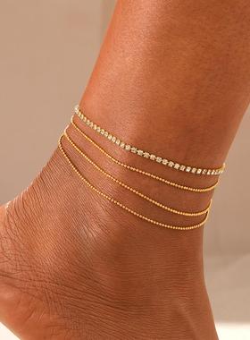 Summer beach anklets夏季沙滩街拍金属链条圆珠链闪钻脚链多层