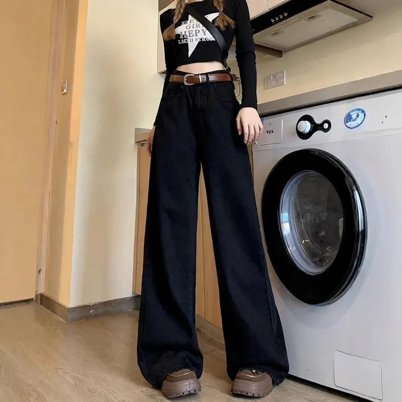 设计感黑色复古阔腿牛仔裤女春季牛仔裤