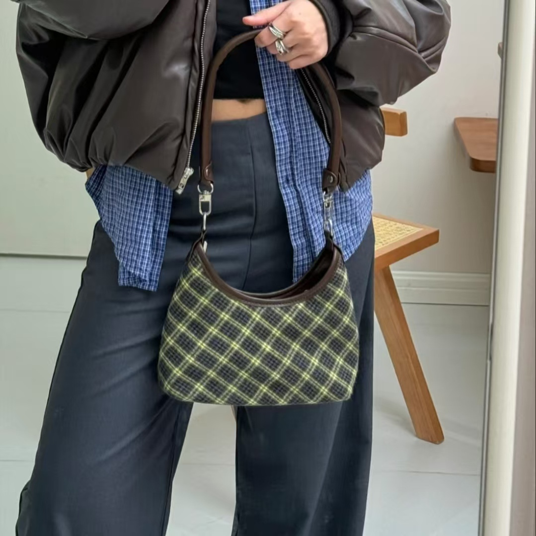 2025新款复古格纹腋下单肩包包女