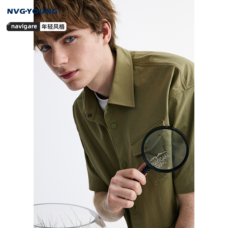NAVIGARE意大利小帆船夏季新款男士短袖衬衫休闲通勤工装衬衣外套