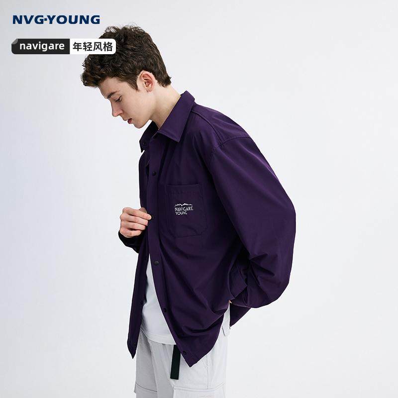 NAVIGARE意大利小帆船紫色长袖衬衫男士新款休闲衬衣宽松轻薄
