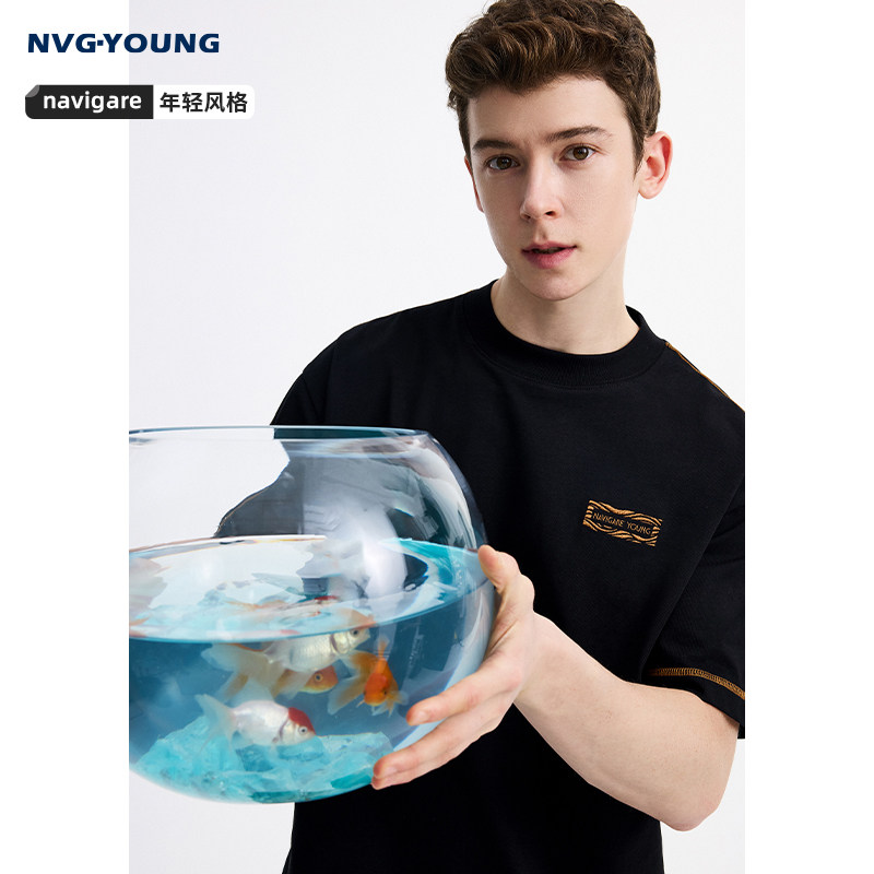 【纯棉】NAVIGARE意大利小帆船黑色圆领T恤男士新款宽松短袖