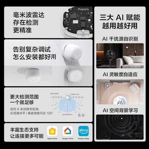 Aqara绿米人体存在传感器FP1E毫米波雷达AI智能homekit感应开关