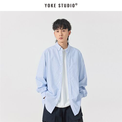 YOKE STUDIO 日系廓形条纹长袖衬衫男春季宽松休闲叠穿衬衣外套