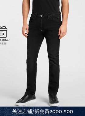 PHILIPP PLEIN男经典基础水波纹中腰直筒修身牛仔裤夏季黑色长裤