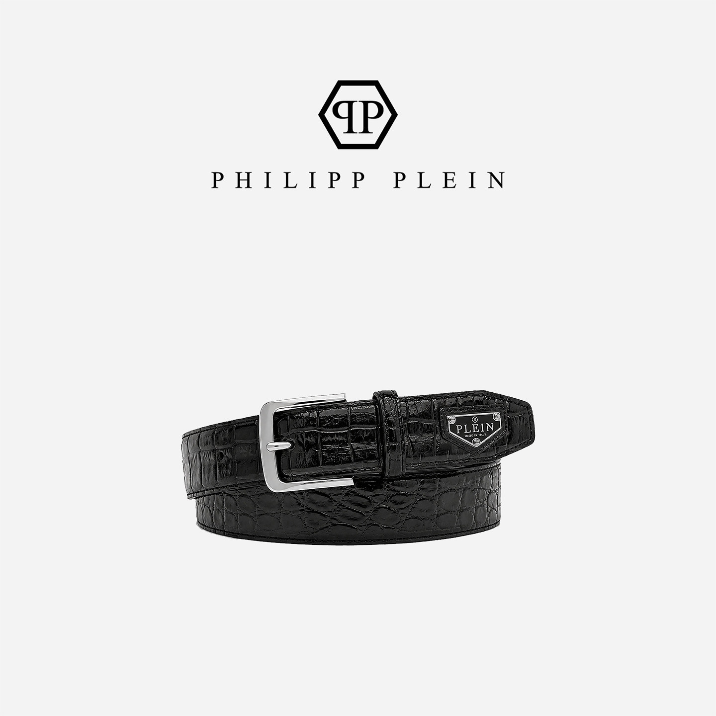 PHILIPP PLEIN 2026年男士商务压纹牛皮皮带简约方形针扣休闲腰带