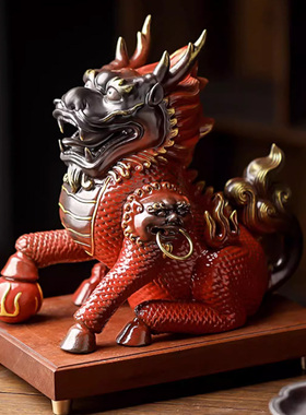 陶瓷麒麟公母一对家用禅意