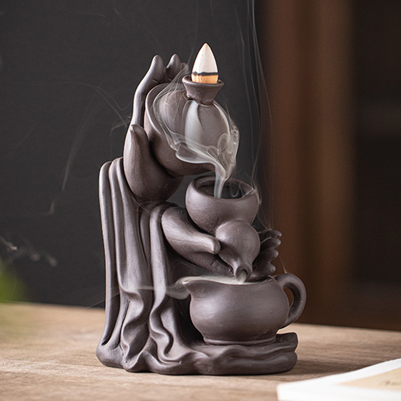 创意紫砂倒流香炉佛手悬壶香插回流茶壶招财摆件禅意檀香炉流香炉