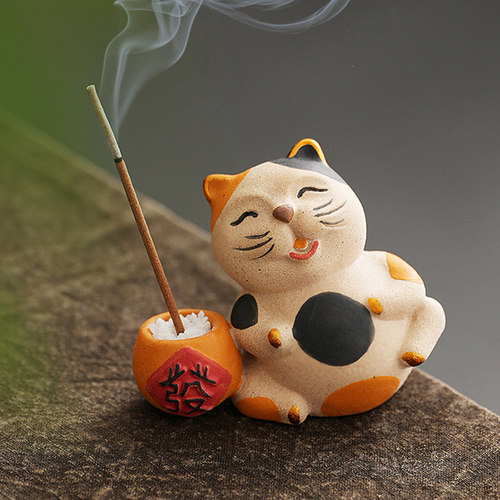 故宫招财猫线香插香托底座香薰炉可爱小猫咪茶桌装饰摆件手工陶瓷