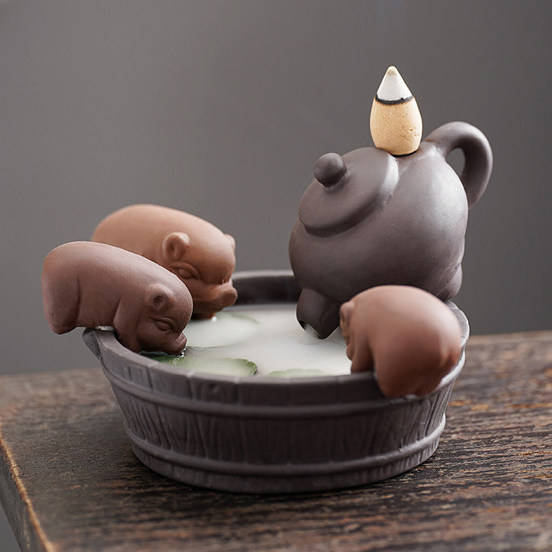 仿古茶道茶宠倒流香炉创意檀香沉香熏香家用小猪喝水禅意个性摆件