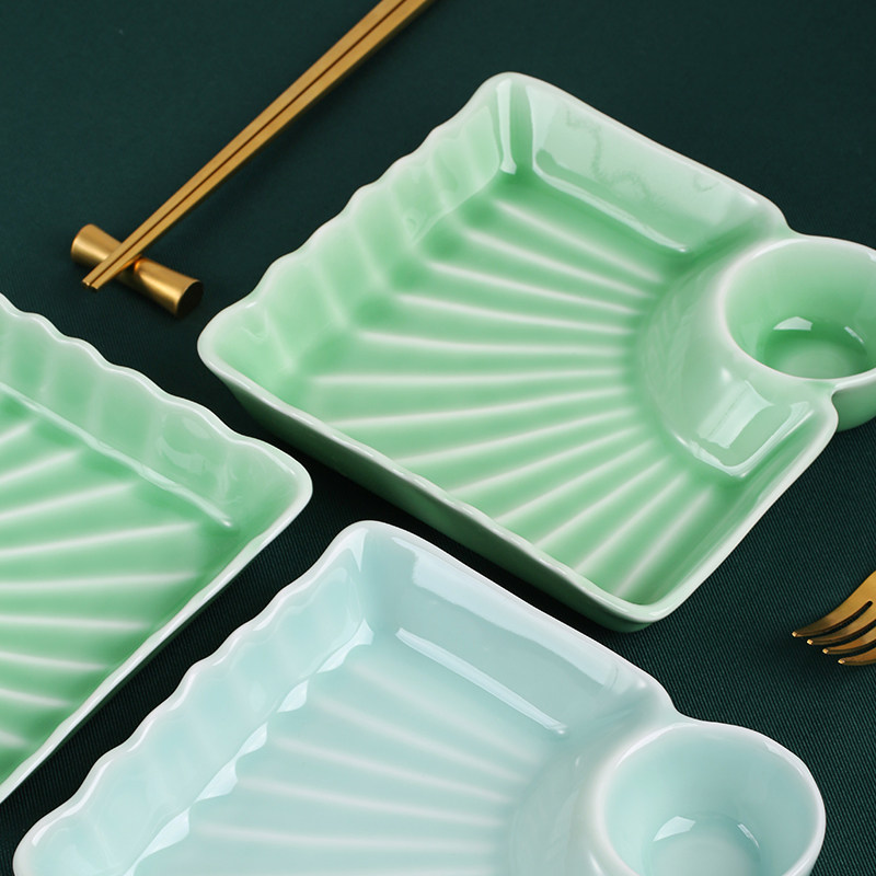 日式陶瓷饺子盘包子蒸饺蒸虾小吃早餐盘带醋碟寿司盘蘸料碟分格盘