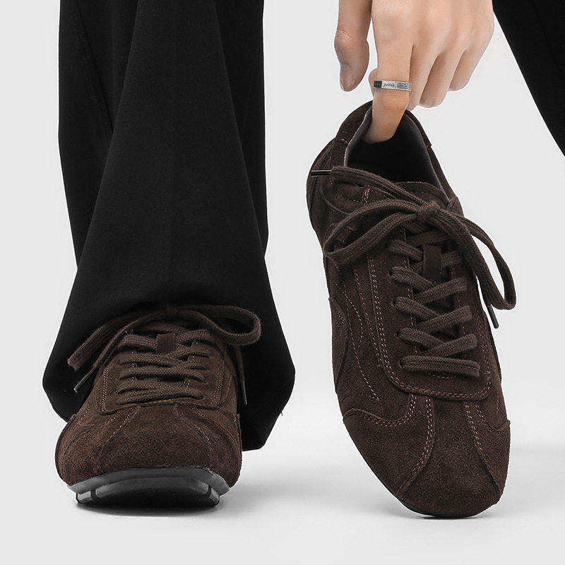 【高品质】棕色反绒皮复古德训鞋男极简平底板鞋通勤休闲赛车鞋