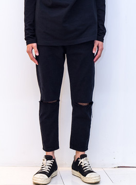 N.G.U.Studio 潮人 立体剪裁 水洗修身 小脚刀割破洞 牛仔裤九分