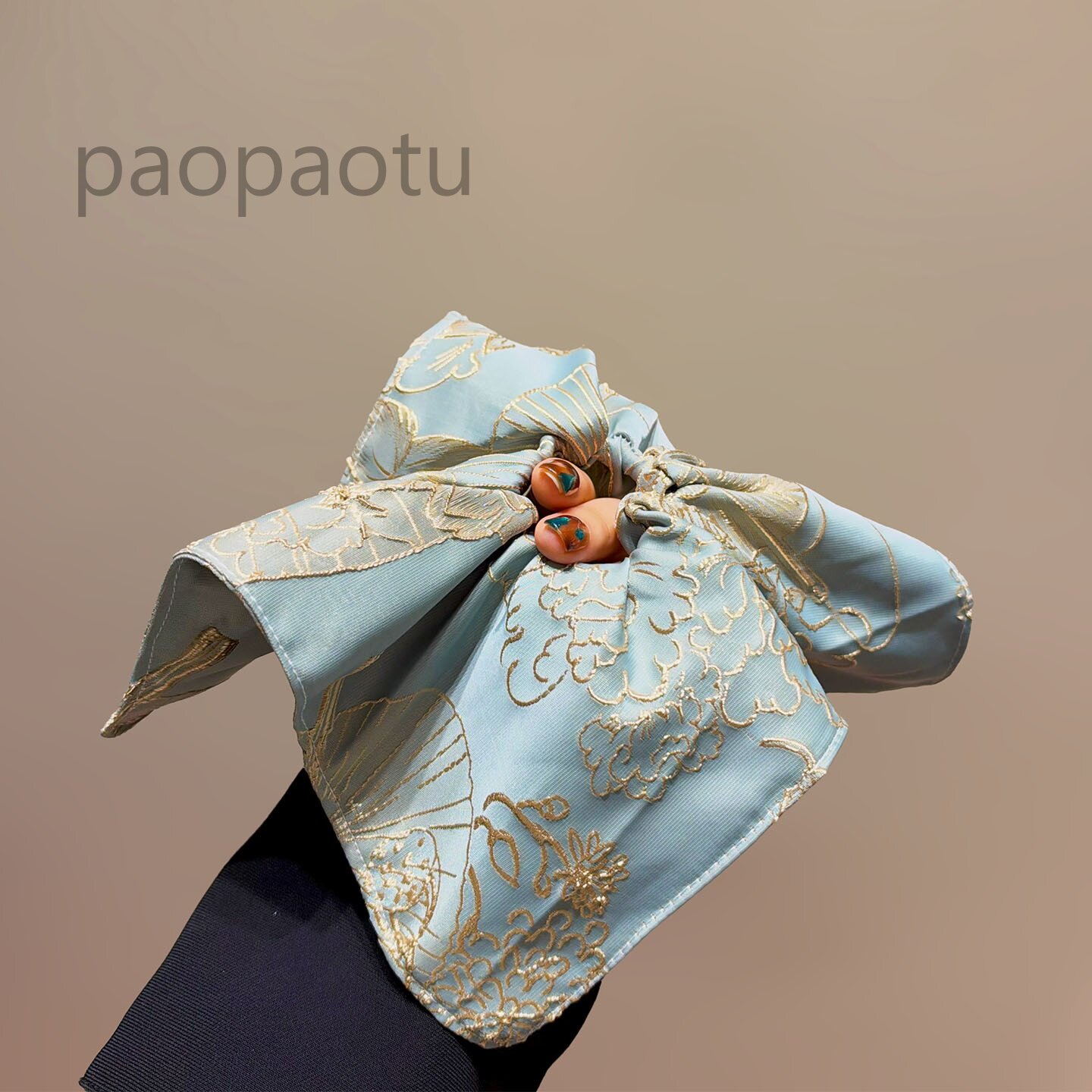 浅蓝金绣荷花纸伞方巾大肠发圈提花清雅国风荷塘纹样汉服旗袍发圈