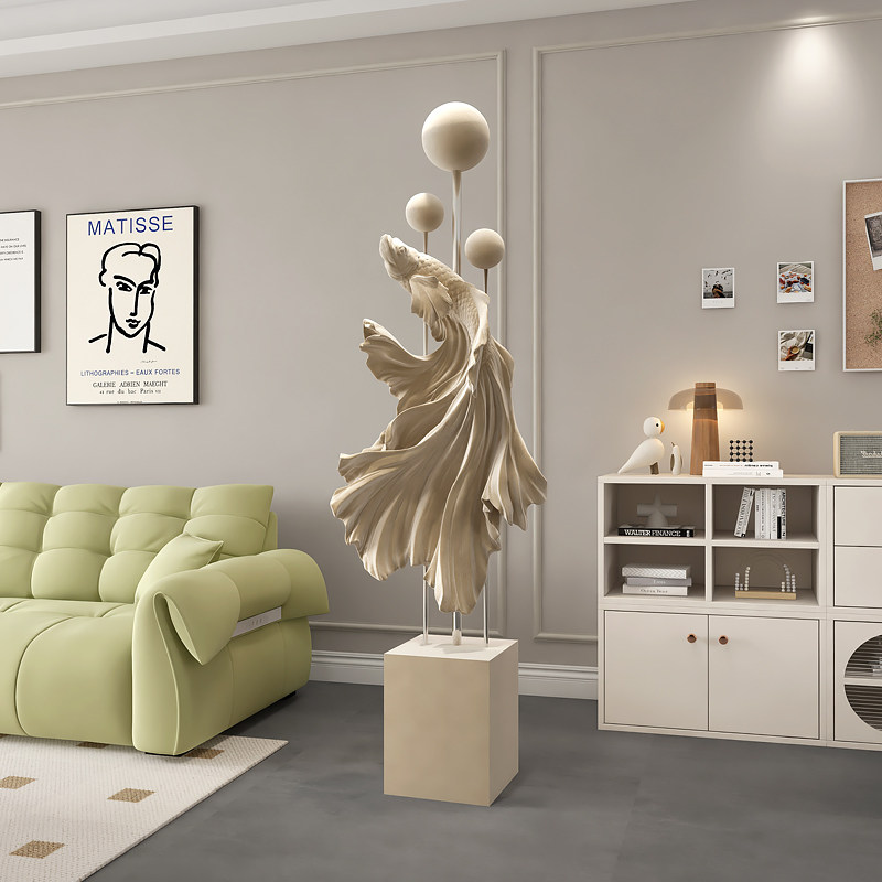 新中式植绒斗鱼大型客厅落地摆件装饰品沙发电视柜旁乔迁礼物雕塑