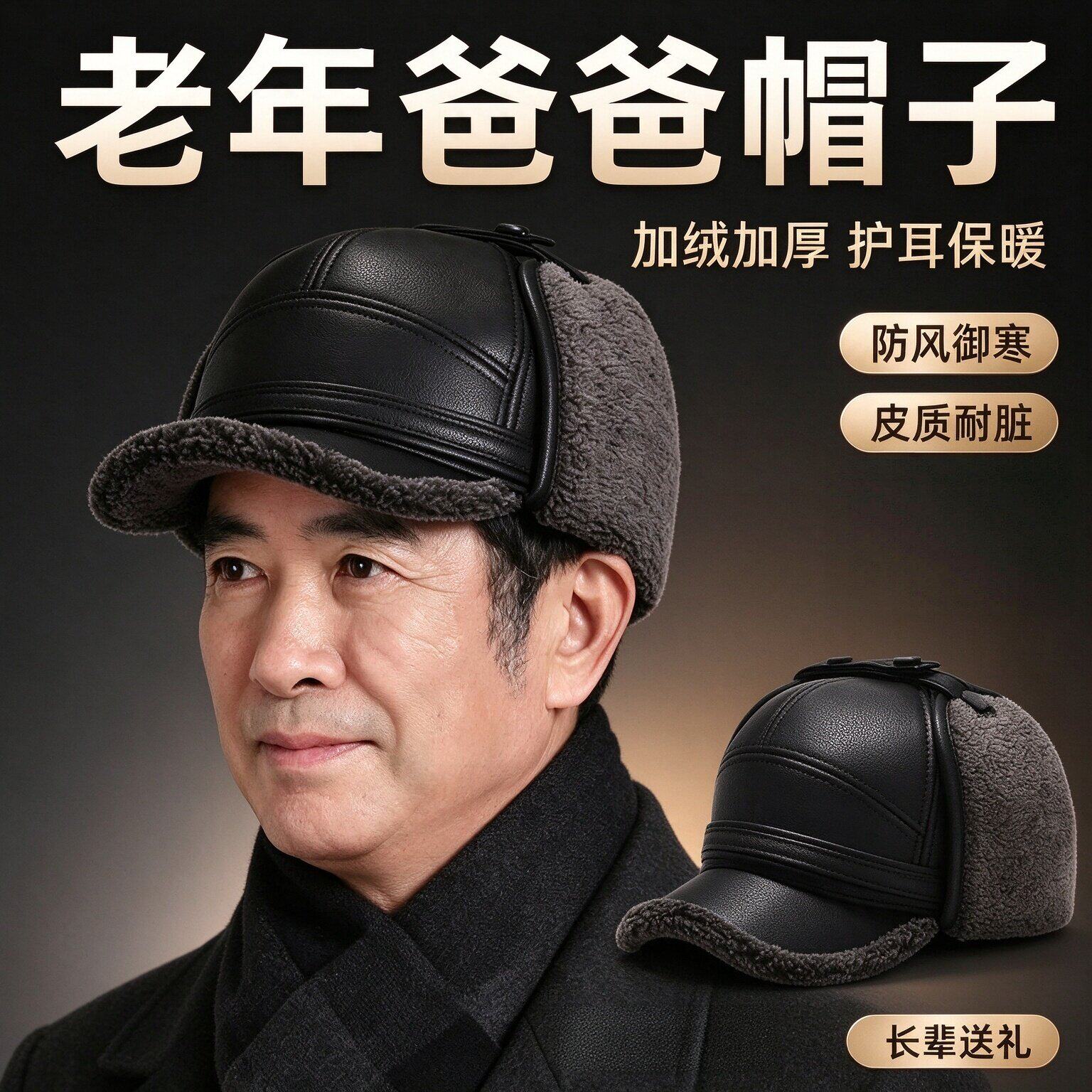 老年爸爸帽子冬季加绒加厚护耳帽男士保暖皮帽爷爷防风防寒老头帽