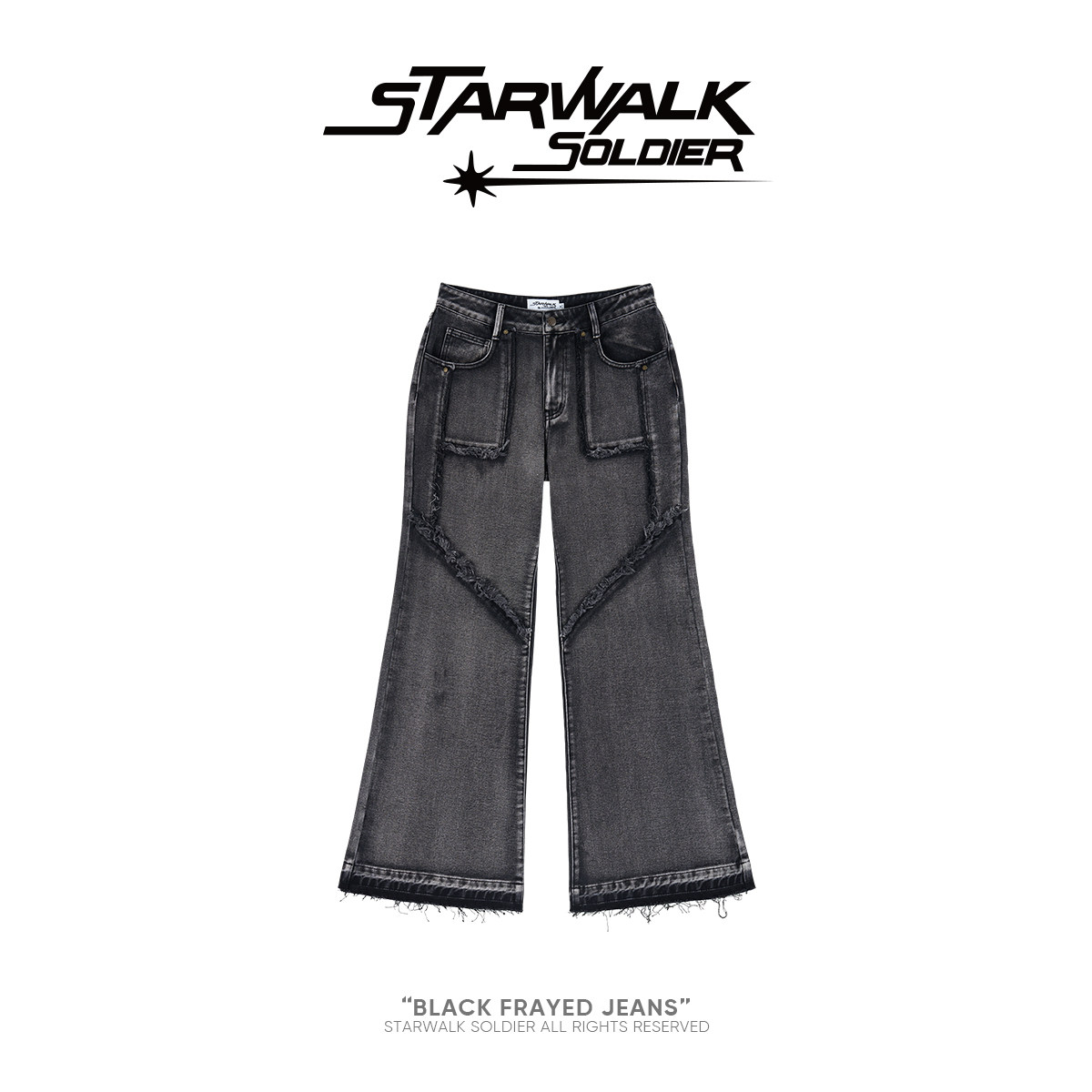 STARWALKSOLDIER*毛边拼接牛仔裤"微喇宽松"美式休闲拖地长裤子女