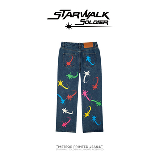Soldier Star Walk 美式 潮复古宽松直筒裤 后腿彩色流星满印牛仔裤