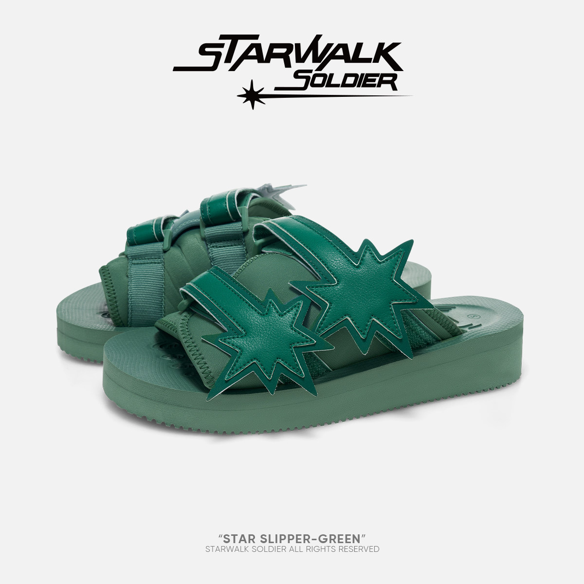 STARWALKSOLDIER*绿色流星魔术贴"厚底拖鞋"夏季休闲潮流平跟凉拖