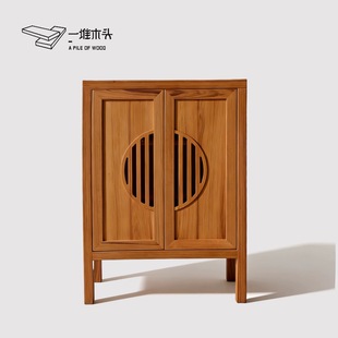 缅甸柚木全实木榫卯陈列柜家用入户鞋柜新中式双门置物柜宋式美学