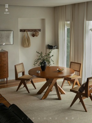 缅甸柚木餐桌/中古风实木圆形餐桌造型设计感复古家具/民宿酒店