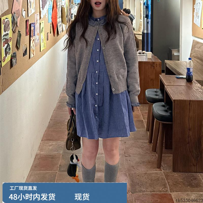 小个子覆古韩系简单大方高级感蓝色格纹衬衫连衣裙套装裙秋季穿搭