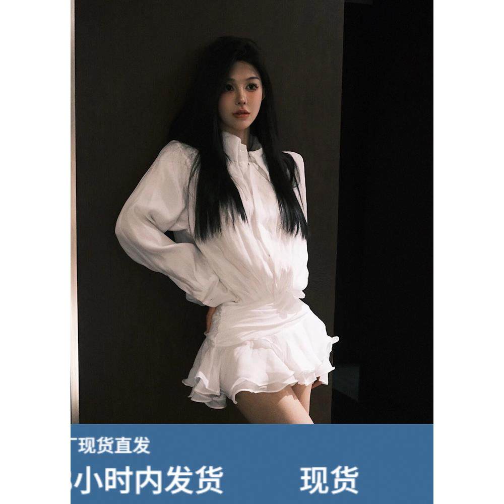 白色衬衫连衣裙女秋冬新款性感浪漫V领气质修身显瘦荷叶边短裙子