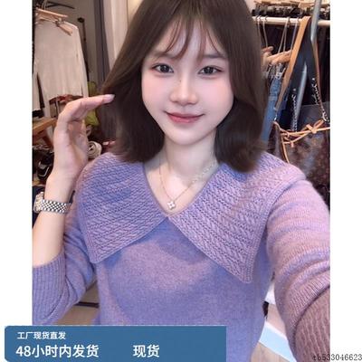 超火减龄独特超好看单穿上衣小众不撞款韩系紫色polo领针织衫女秋