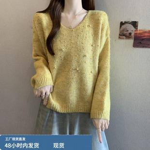 法式温柔风重工钉珠针织衫女秋冬大码胖妹妹百搭气质显瘦套头毛衣