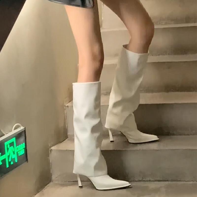 新款尖头牛皮细跟高跟裤管靴女辣妹直筒不过膝高筒靴长靴骑士靴女