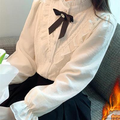 法式宫廷风洋气雪纺衫冬季新款加绒加厚衬衫蝴蝶结系带漂亮上衣女