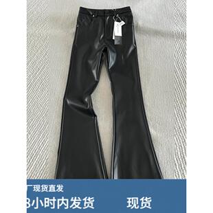 显瘦显高加绒加厚保暖马蹄裤 女修身 黑色微喇叭PU皮裤 秋冬辣妹个性