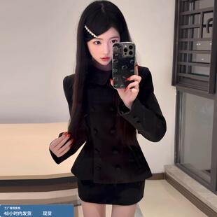 富家千金感冬装套装赫本风高级感复古黑色双排扣外套短裙两件套女