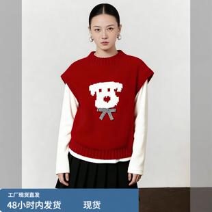 独特漂亮叠穿红色小狗蝴蝶结毛衣针织背心马甲女款2026新款冬上衣