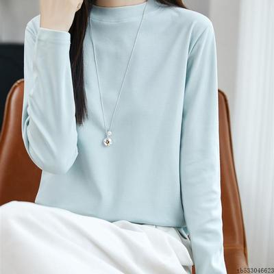 丝光棉长袖t恤女2025新款内搭中领纯棉半高领打底衫宽松正肩爆款