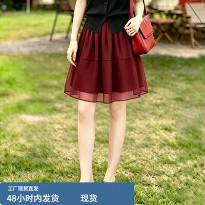 欧根沙半身裙女夏薄款高腰a字梨型身材遮胯伞裙百搭气质百褶短裙