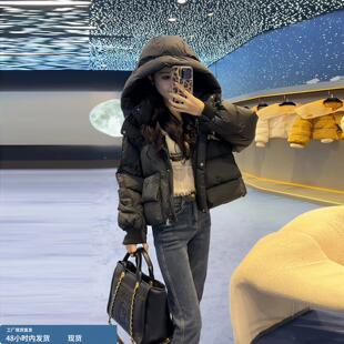 欧货黑色短款羽绒服女款2025新款冬季洋气高级感鸭绒保暖连帽外套