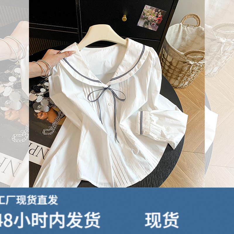 学院风海军领撞色绑带长袖衬衫女秋季2026新款jk搭配衬衣压褶上衣