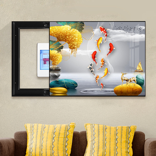 新中式电表箱装饰画九鱼免打孔客厅开关电表盒配电箱电闸挂画遮挡
