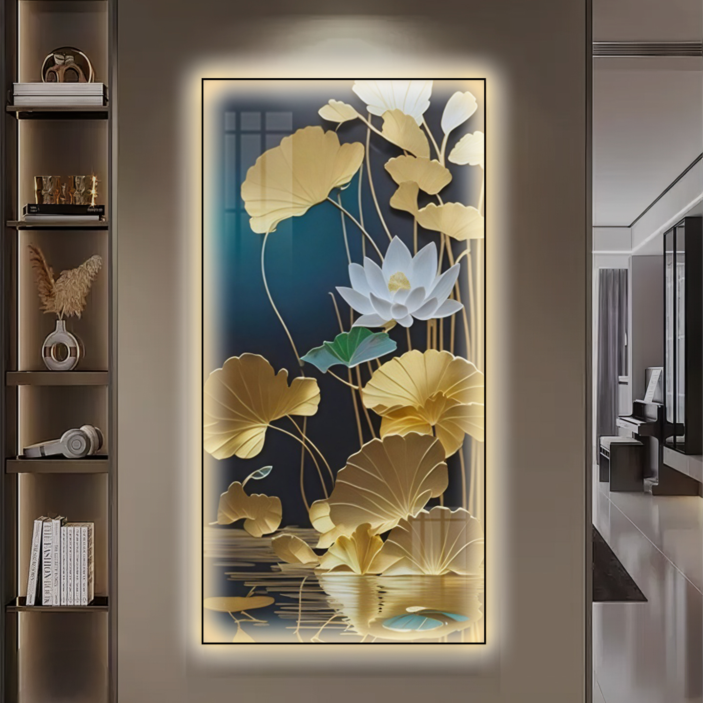 现代轻奢入户玄关装饰画荷花带钻LED灯壁画客厅过道走廊高档挂画图片