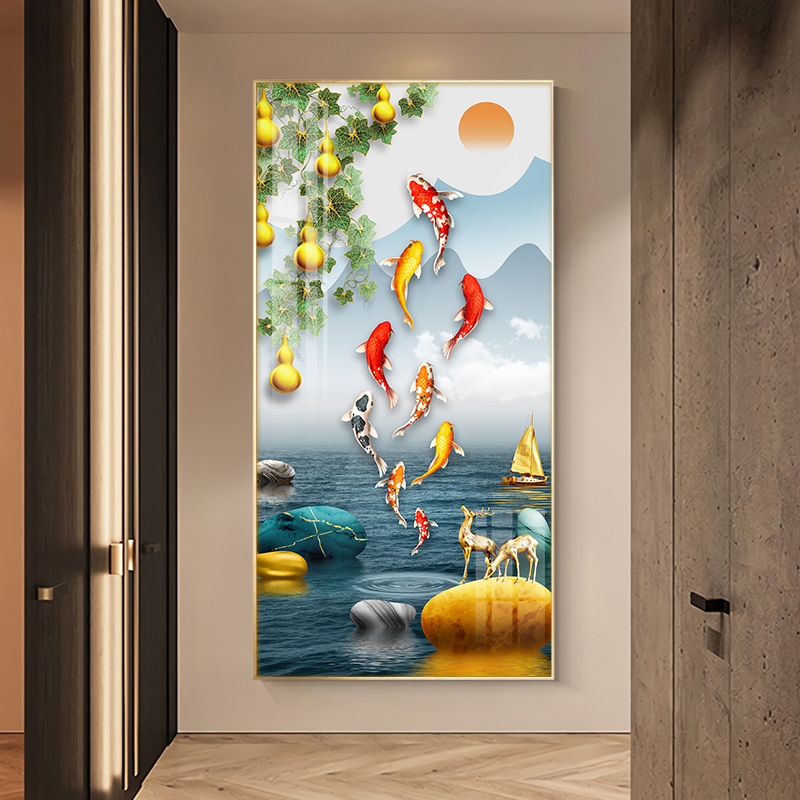 正对门入户玄关装饰画九鱼图新款现代简约走廊过道竖版挂画寓意好