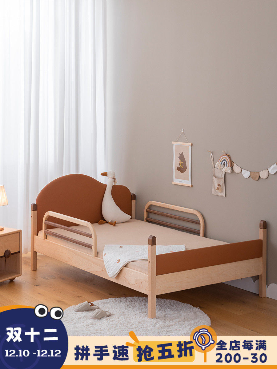 Yami Hut Solid wood children's bed 1 2 1 5 meters soft backrest small apartment children's room princess bed with guardrail